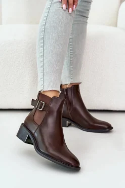 Best Botki Sztyblety Damskie Na Niskim Obcasie Ze Złotą Klamrą Brązowe Vomera Damskie Botki Na Słupku|Botki Zimowe Damskie