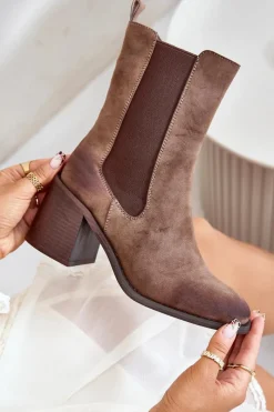 Online Botki Sztyblety Damskie Na Obcasie Słupku Z Eko Zamszu Brązowe Naorita Damskie Botki Na Słupku|Czarne Botki