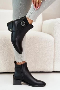 Best Botki Sztyblety Damskie Na Niskim Obcasie Ze Złotą Klamrą Czarne Vomera Damskie Botki Na Słupku|Botki Zimowe Damskie