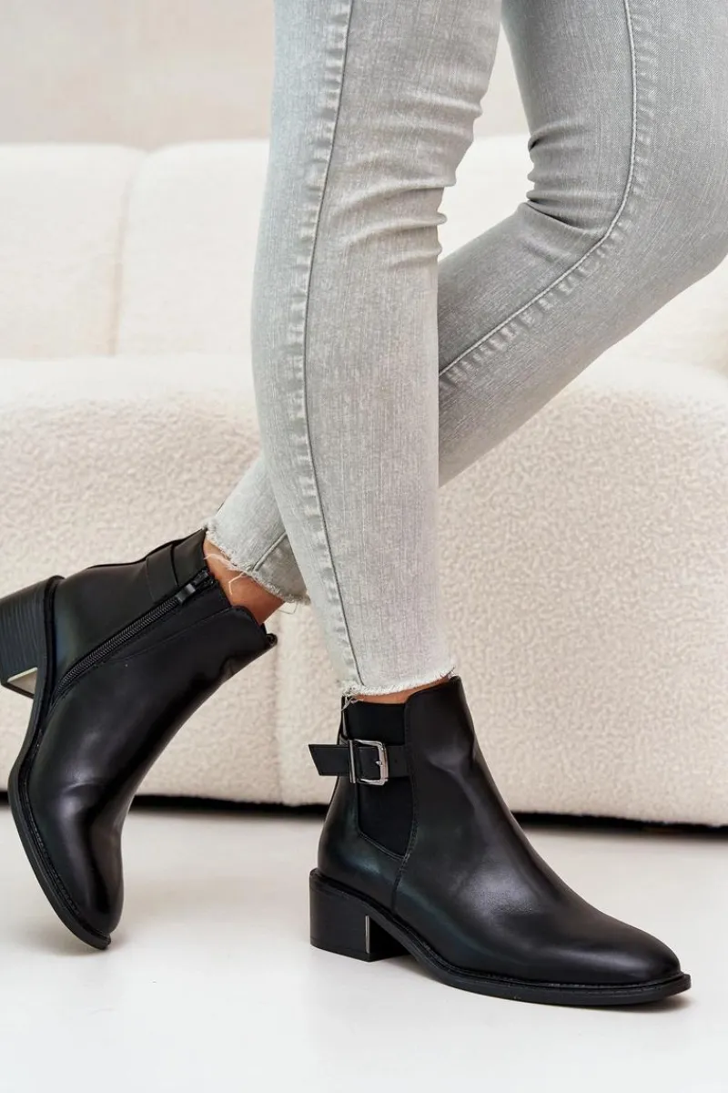 Best Botki Sztyblety Damskie Na Niskim Obcasie Ze Złotą Klamrą Czarne Vomera Damskie Botki Na Słupku|Botki Zimowe Damskie