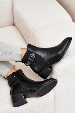 Best Botki Sztyblety Damskie Na Niskim Obcasie Ze Złotą Klamrą Czarne Vomera Damskie Botki Na Słupku|Botki Zimowe Damskie