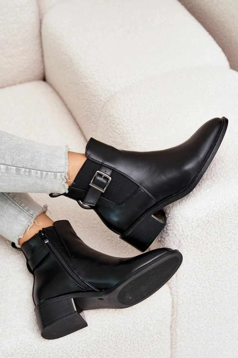 Best Botki Sztyblety Damskie Na Niskim Obcasie Ze Złotą Klamrą Czarne Vomera Damskie Botki Na Słupku|Botki Zimowe Damskie