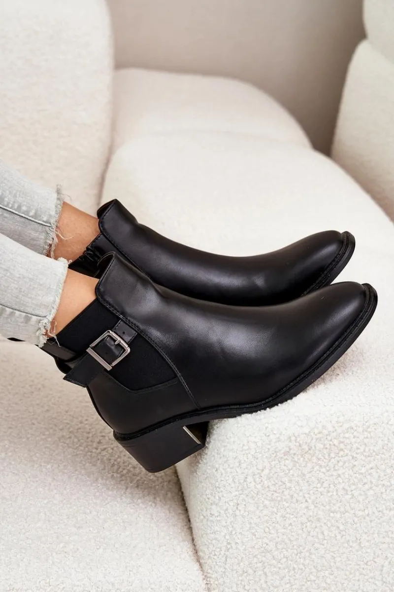 Best Botki Sztyblety Damskie Na Niskim Obcasie Ze Złotą Klamrą Czarne Vomera Damskie Botki Na Słupku|Botki Zimowe Damskie