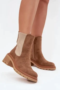 Best Boto Botki Sztyblety Damskie Ocieplane Na Klocku Ciemnobeżowe Zoralia Brązowy