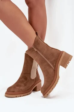 Best Boto Botki Sztyblety Damskie Ocieplane Na Klocku Ciemnobeżowe Zoralia Brązowy