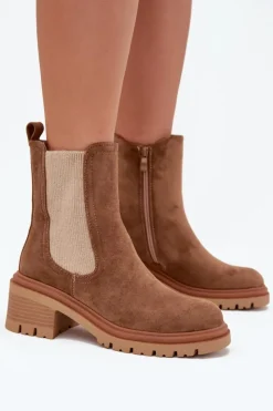 Best Boto Botki Sztyblety Damskie Ocieplane Na Klocku Ciemnobeżowe Zoralia Brązowy