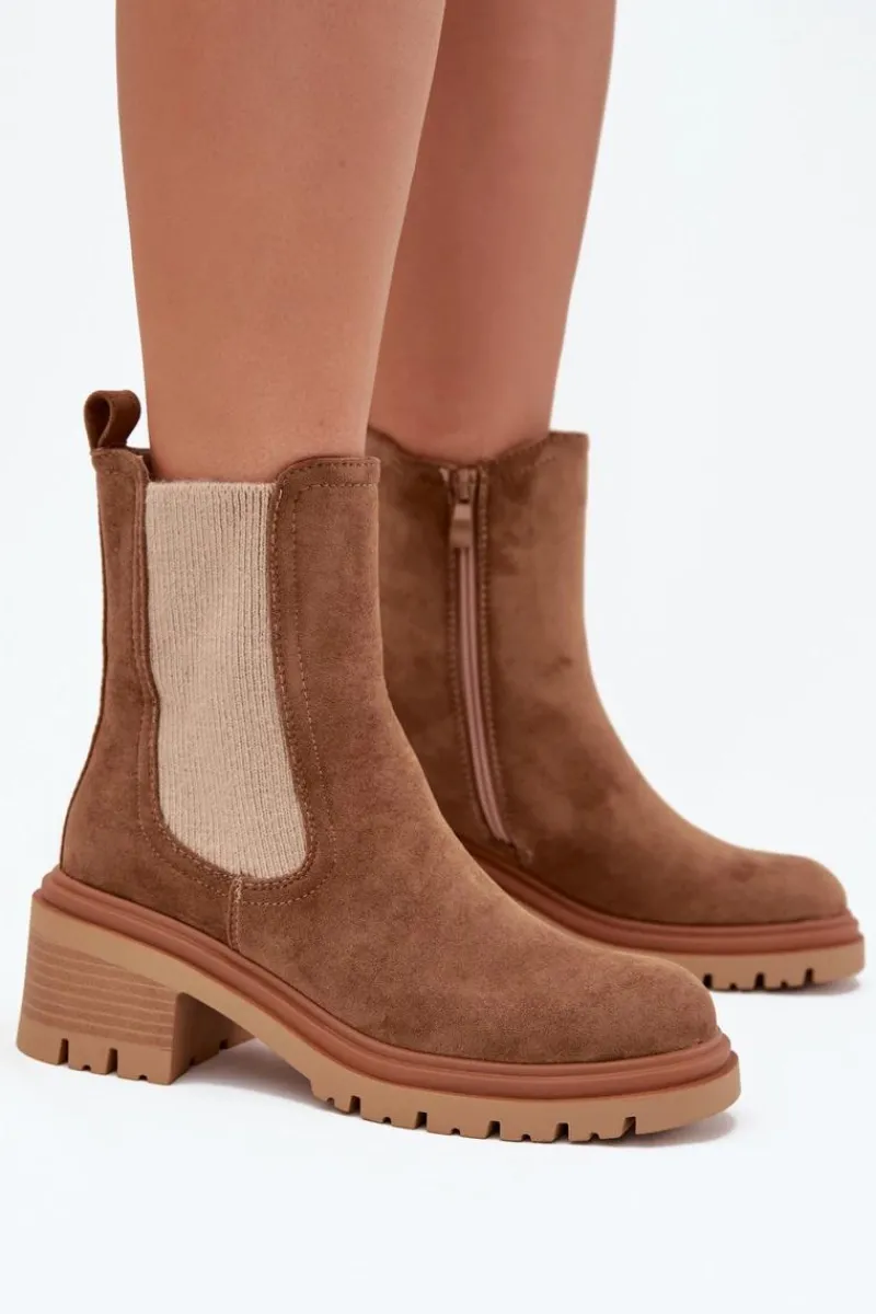 Best Boto Botki Sztyblety Damskie Ocieplane Na Klocku Ciemnobeżowe Zoralia Brązowy