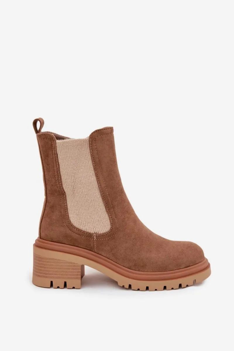 Best Boto Botki Sztyblety Damskie Ocieplane Na Klocku Ciemnobeżowe Zoralia Brązowy