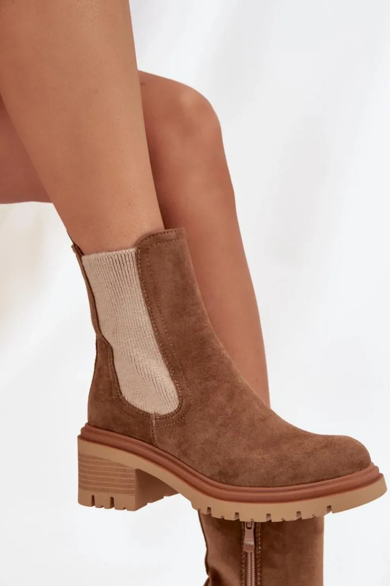 Best Boto Botki Sztyblety Damskie Ocieplane Na Klocku Ciemnobeżowe Zoralia Brązowy