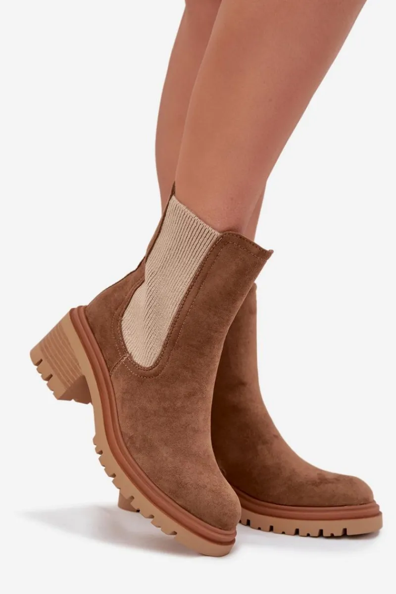 Best Boto Botki Sztyblety Damskie Ocieplane Na Klocku Ciemnobeżowe Zoralia Brązowy