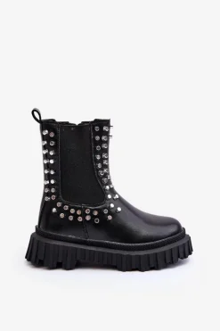 Botki Sztyblety Dziewczęce Zdobione Dżetami Czarne Adelie Dzieci Dziewczęce