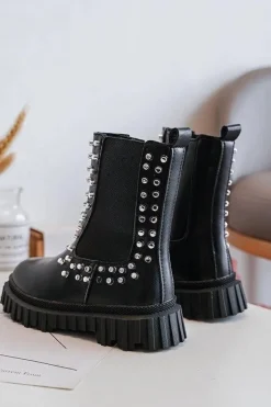 Botki Sztyblety Dziewczęce Zdobione Dżetami Czarne Adelie Dzieci Dziewczęce