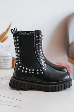 Botki Sztyblety Dziewczęce Zdobione Dżetami Czarne Adelie Dzieci Dziewczęce