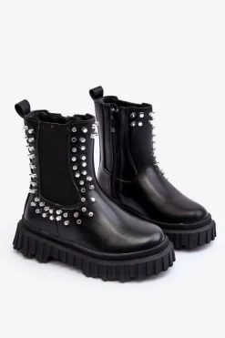 Botki Sztyblety Dziewczęce Zdobione Dżetami Czarne Adelie Dzieci Dziewczęce