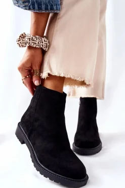 Czarne Botki|Botki Zimowe Damskie>Boto Botki Sztyblety Na Płaskim Obcasie Czarne Laurette