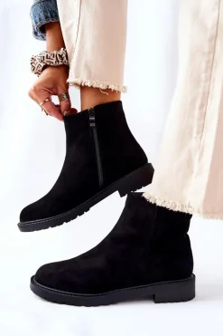 Czarne Botki|Botki Zimowe Damskie>Boto Botki Sztyblety Na Płaskim Obcasie Czarne Laurette