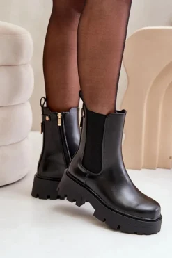Online Botki Sztyblety Na Zamek Eko Skórzane Czarne Ninnet Damskie Czarne Botki|Botki Płaskie