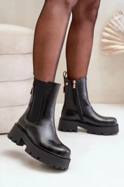 Online Botki Sztyblety Na Zamek Eko Skórzane Czarne Ninnet Damskie Czarne Botki|Botki Płaskie