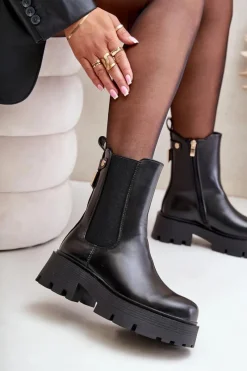 Online Botki Sztyblety Na Zamek Eko Skórzane Czarne Ninnet Damskie Czarne Botki|Botki Płaskie
