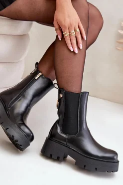 Online Botki Sztyblety Na Zamek Eko Skórzane Czarne Ninnet Damskie Czarne Botki|Botki Płaskie