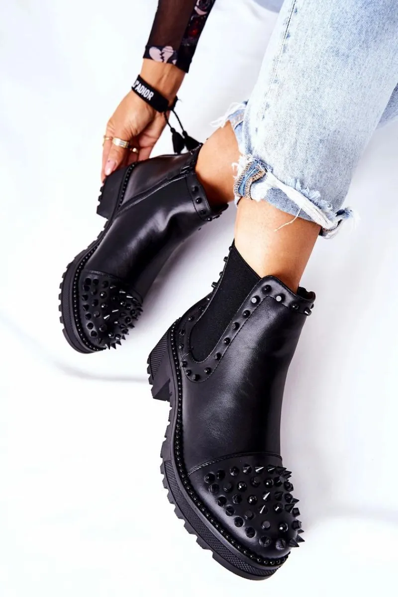 Outlet Botki Sztyblety Z Dżetami Czarne Comonis Damskie Botki Na Słupku|Czarne Botki