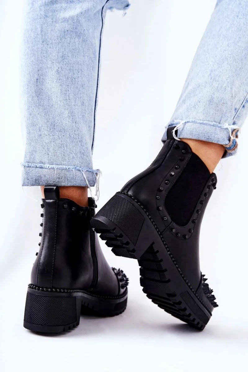 Outlet Botki Sztyblety Z Dżetami Czarne Comonis Damskie Botki Na Słupku|Czarne Botki