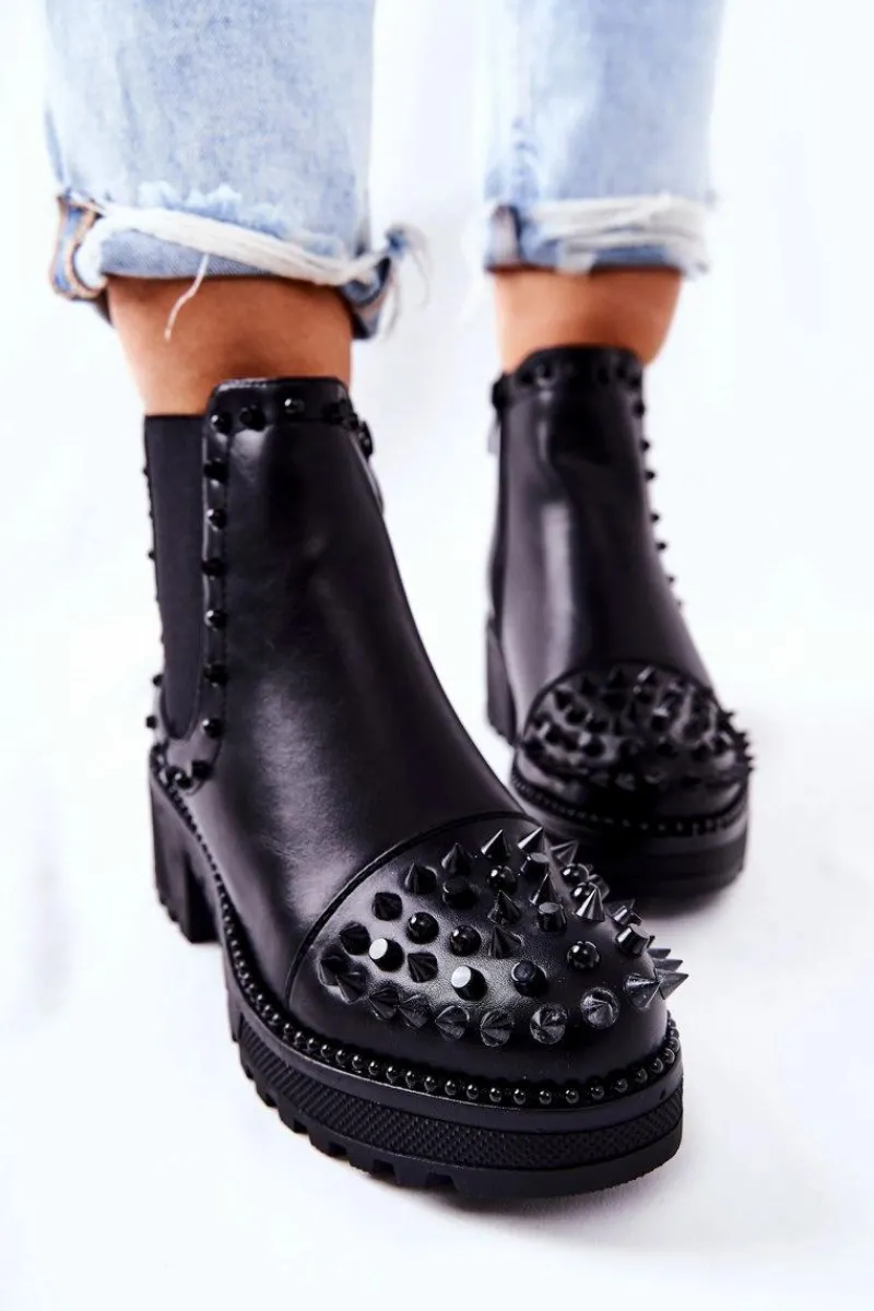 Outlet Botki Sztyblety Z Dżetami Czarne Comonis Damskie Botki Na Słupku|Czarne Botki