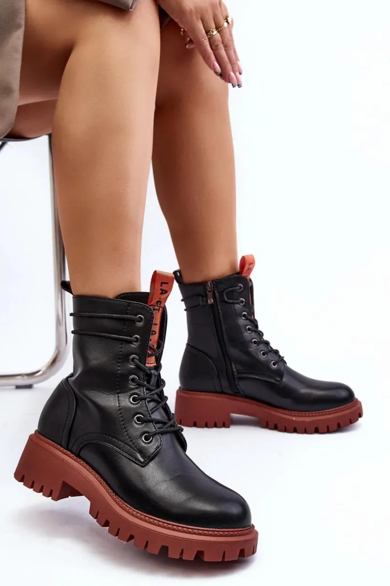 Best Botki Trapery Damskie La.Fi 250045OR-LA Czarne Damskie Damskie Trapery|Botki Sznurowane