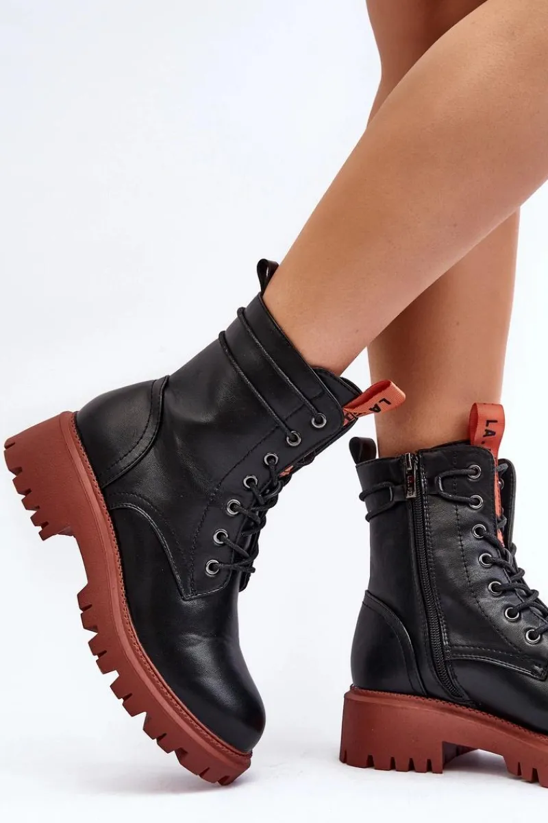 Best Botki Trapery Damskie La.Fi 250045OR-LA Czarne Damskie Damskie Trapery|Botki Sznurowane