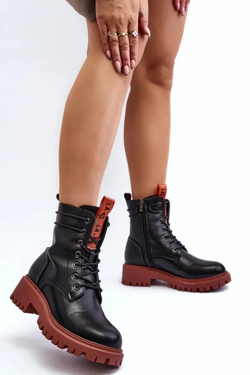 Best Botki Trapery Damskie La.Fi 250045OR-LA Czarne Damskie Damskie Trapery|Botki Sznurowane