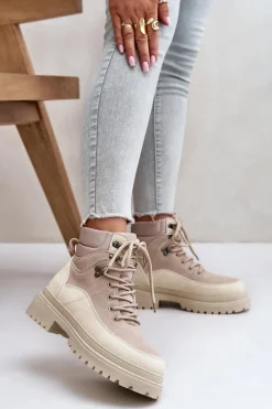 Damskie Trapery|Botki Sznurowane>Boto Botki Trapery Damskie Sznurowane Beżowe Rabaria
