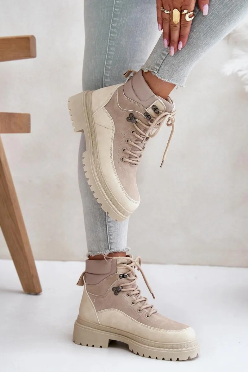 Damskie Trapery|Botki Sznurowane>Boto Botki Trapery Damskie Sznurowane Beżowe Rabaria