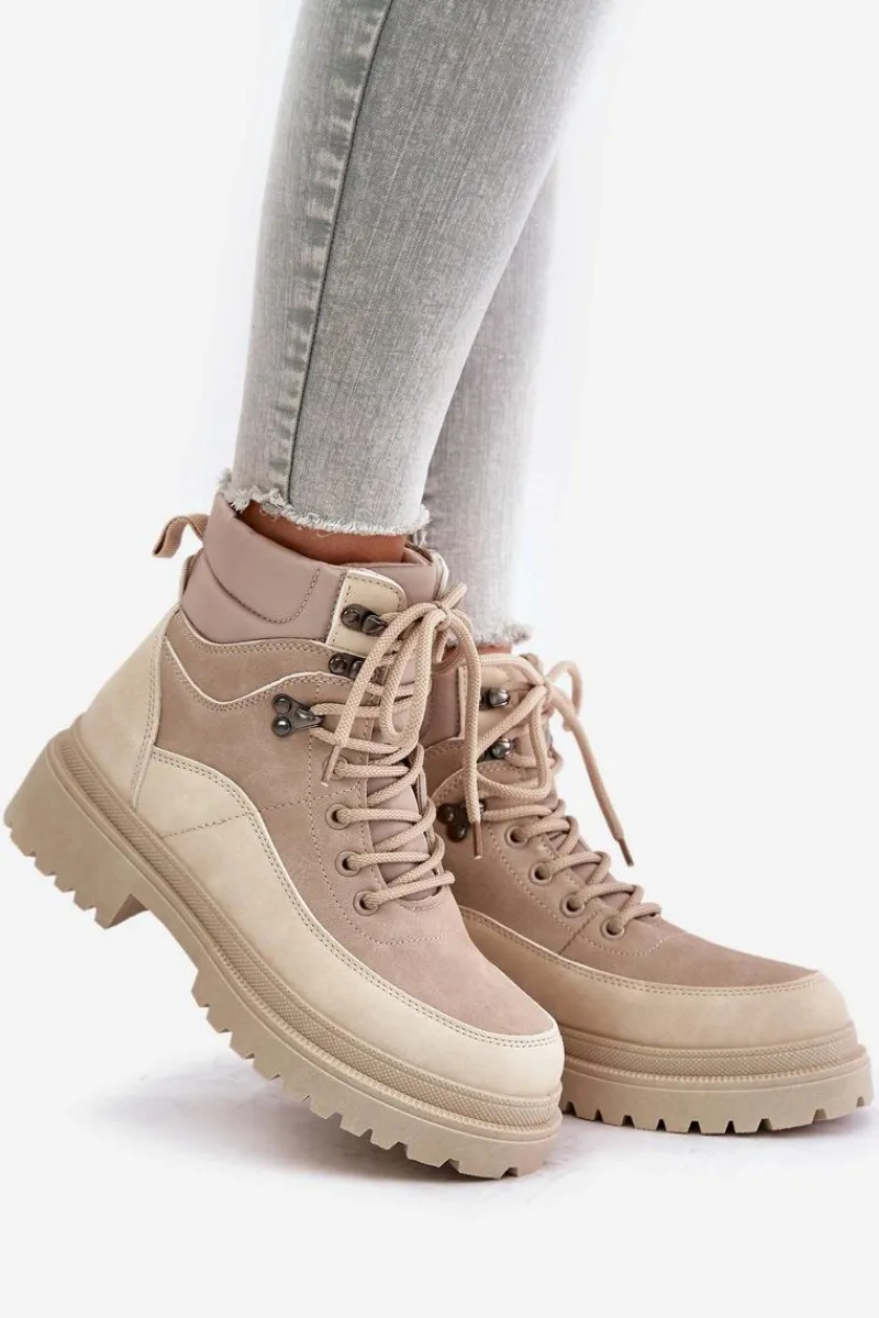 Damskie Trapery|Botki Sznurowane>Boto Botki Trapery Damskie Sznurowane Beżowe Rabaria