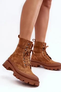 Outlet Boto Botki Trapery Damskie Sznurowane Camel Gordts Brązowy