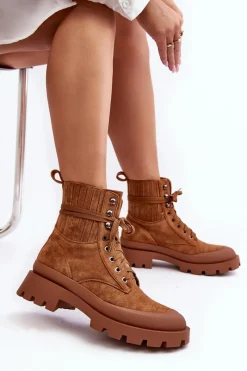Outlet Boto Botki Trapery Damskie Sznurowane Camel Gordts Brązowy