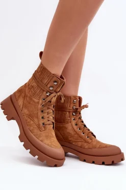 Outlet Boto Botki Trapery Damskie Sznurowane Camel Gordts Brązowy