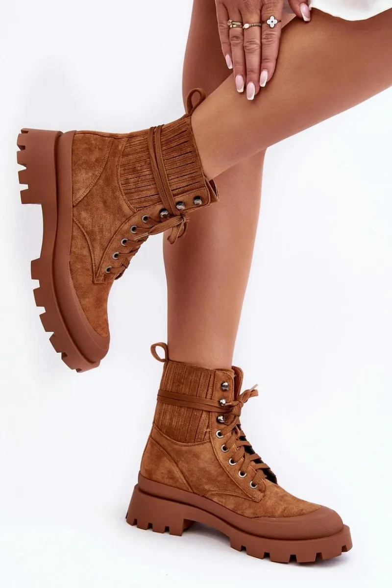 Outlet Boto Botki Trapery Damskie Sznurowane Camel Gordts Brązowy