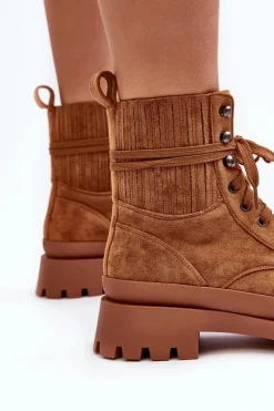 Outlet Boto Botki Trapery Damskie Sznurowane Camel Gordts Brązowy