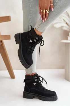 Hot Botki Trapery Damskie Sznurowane Czarne Rabaria Damskie Damskie Trapery|Botki Sznurowane