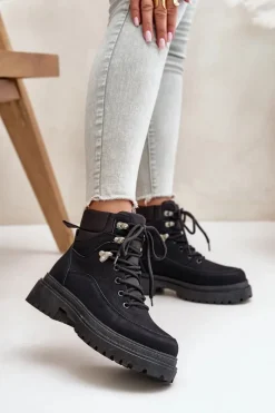 Hot Botki Trapery Damskie Sznurowane Czarne Rabaria Damskie Damskie Trapery|Botki Sznurowane
