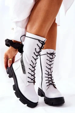 Discount Botki Trapery Glany Sergio Leone TR747 Białe Damskie Damskie Trapery|Botki Sznurowane