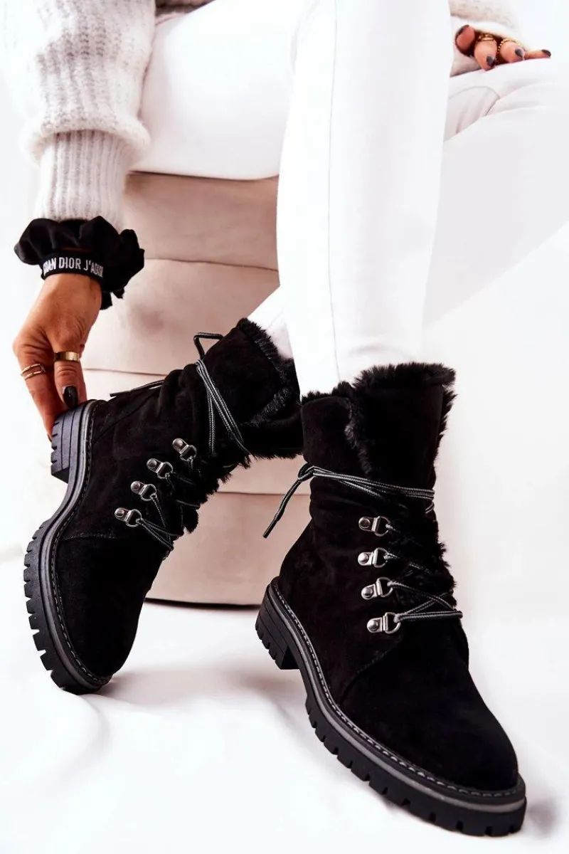 Outlet Botki Trapery Ocieplane Czarne Nelby Damskie Damskie Trapery|Botki Sznurowane