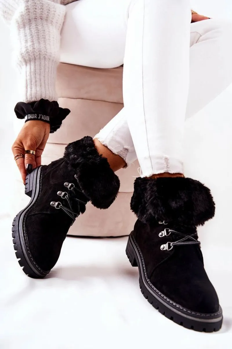 Outlet Botki Trapery Ocieplane Czarne Nelby Damskie Damskie Trapery|Botki Sznurowane