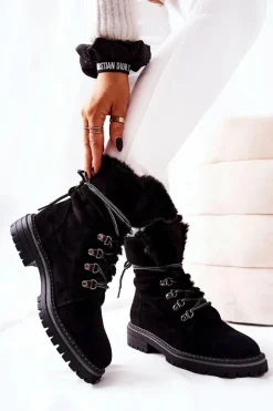 Outlet Botki Trapery Ocieplane Czarne Nelby Damskie Damskie Trapery|Botki Sznurowane