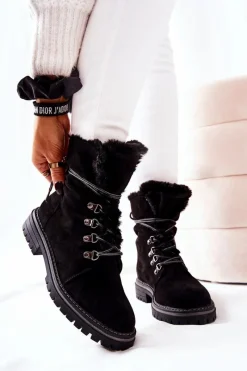Outlet Botki Trapery Ocieplane Czarne Nelby Damskie Damskie Trapery|Botki Sznurowane