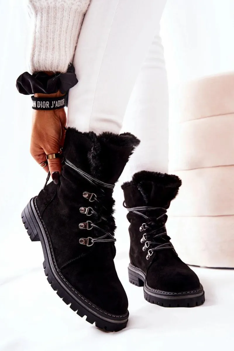Outlet Botki Trapery Ocieplane Czarne Nelby Damskie Damskie Trapery|Botki Sznurowane