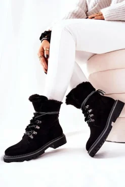 Outlet Botki Trapery Ocieplane Czarne Nelby Damskie Damskie Trapery|Botki Sznurowane