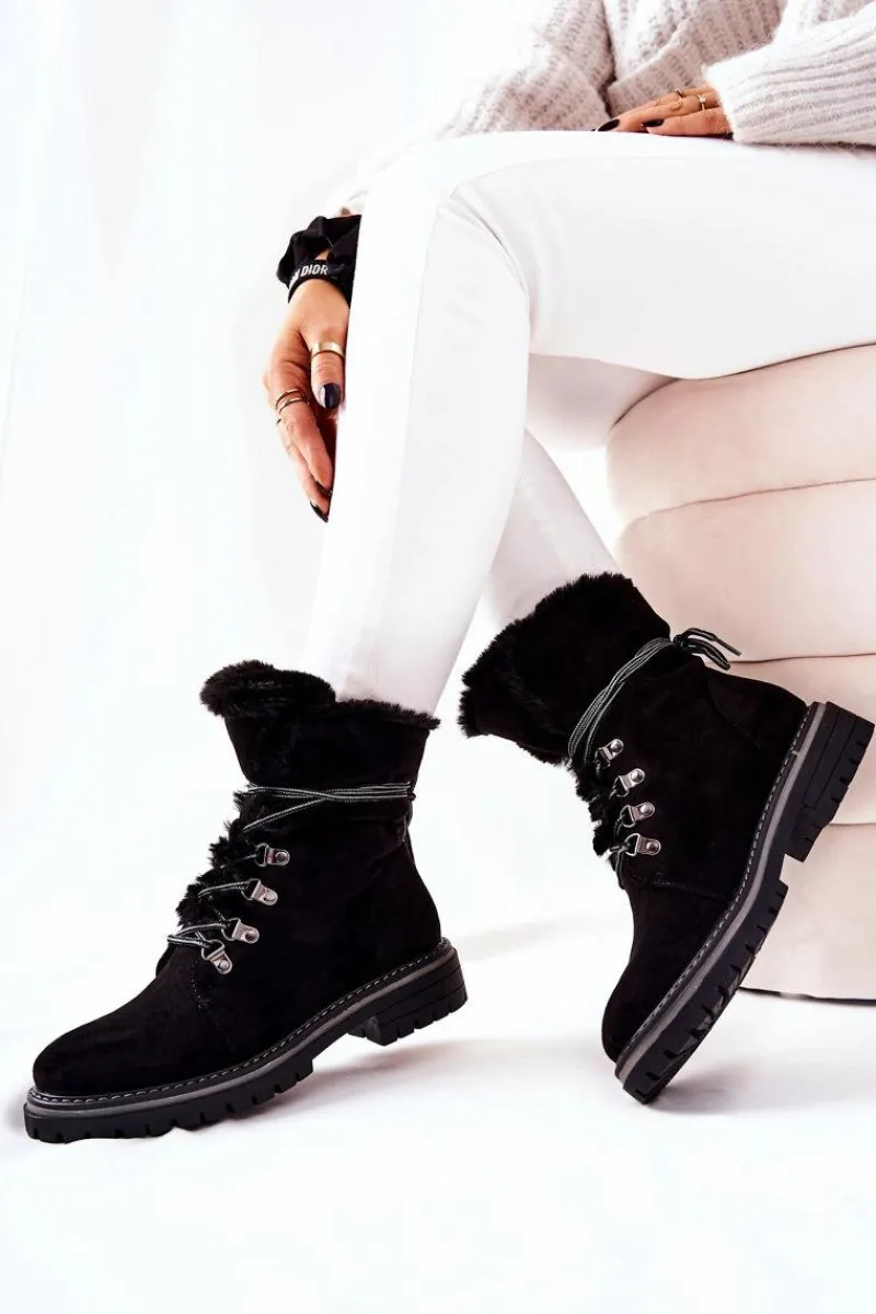 Outlet Botki Trapery Ocieplane Czarne Nelby Damskie Damskie Trapery|Botki Sznurowane
