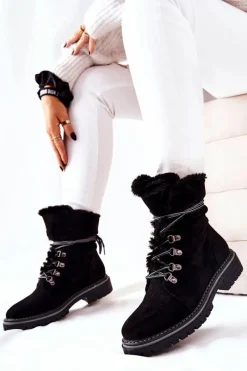 Outlet Botki Trapery Ocieplane Czarne Nelby Damskie Damskie Trapery|Botki Sznurowane