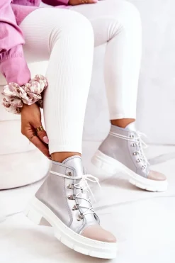 Clearance Botki Trapery Skórzane Srebrne Letty Damskie Botki Wiosenne|Damskie Trapery